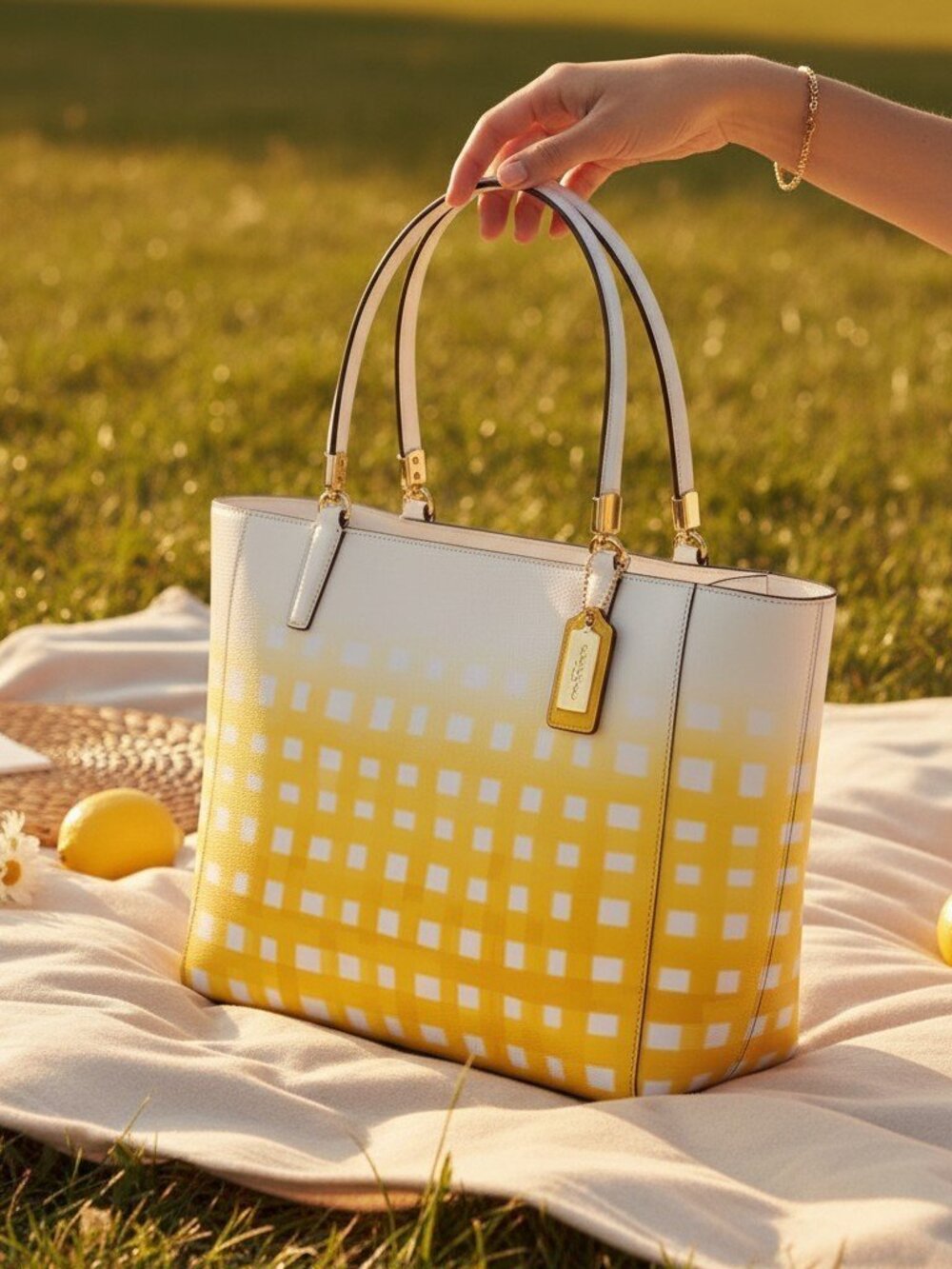 Coach Madison Gingham Tote Yellow White Ombre Saffiano Leather East West Rare